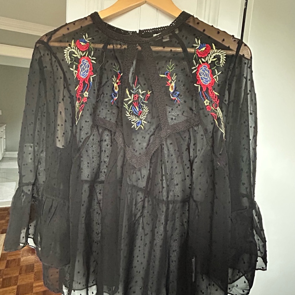 Rebellion Black Sheer Blouse with Floral Embroidery